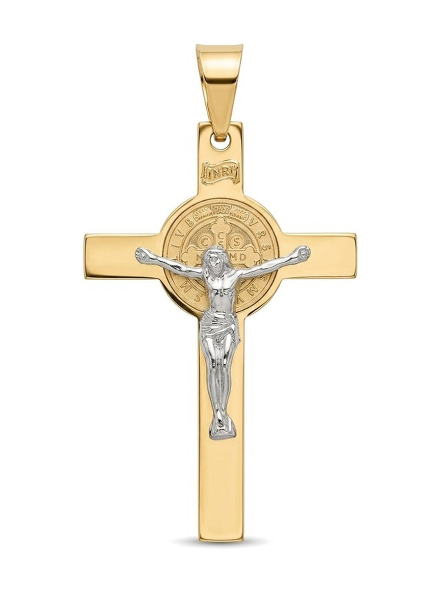 Dije de oro 10k de cruz de San Benito grande con Cristo en oro blanco Mod 6093 - 6 cm