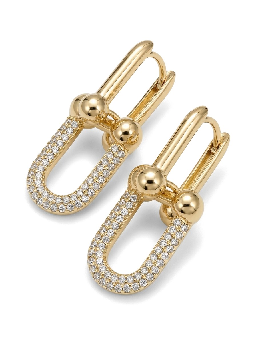 Aretes de oro 14k tipo diseñador de eslabón en U con pavé Mod 6102 - 2.8 cm