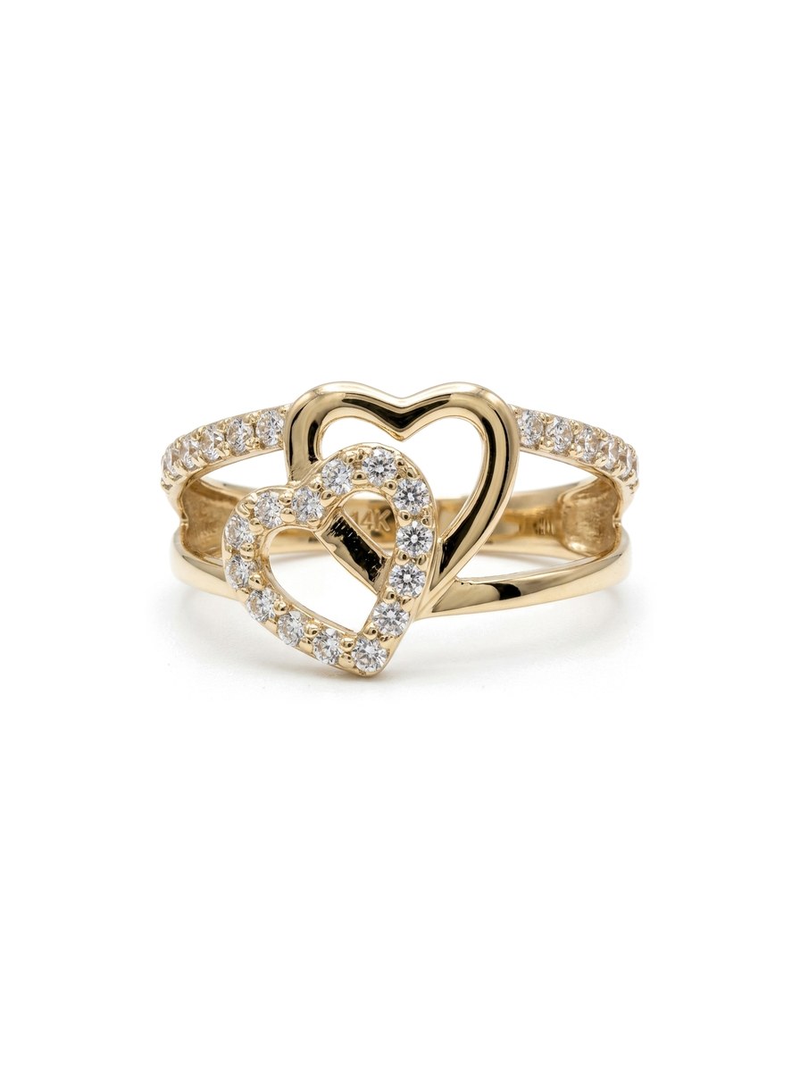 Anillo de oro 14k con corazones entrelazados y circonias Mod 6106