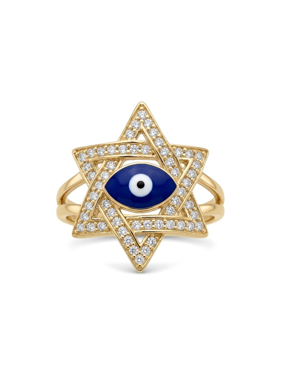 Anillo de oro 14k estrella de David con circonias y ojo turco Mod 6109