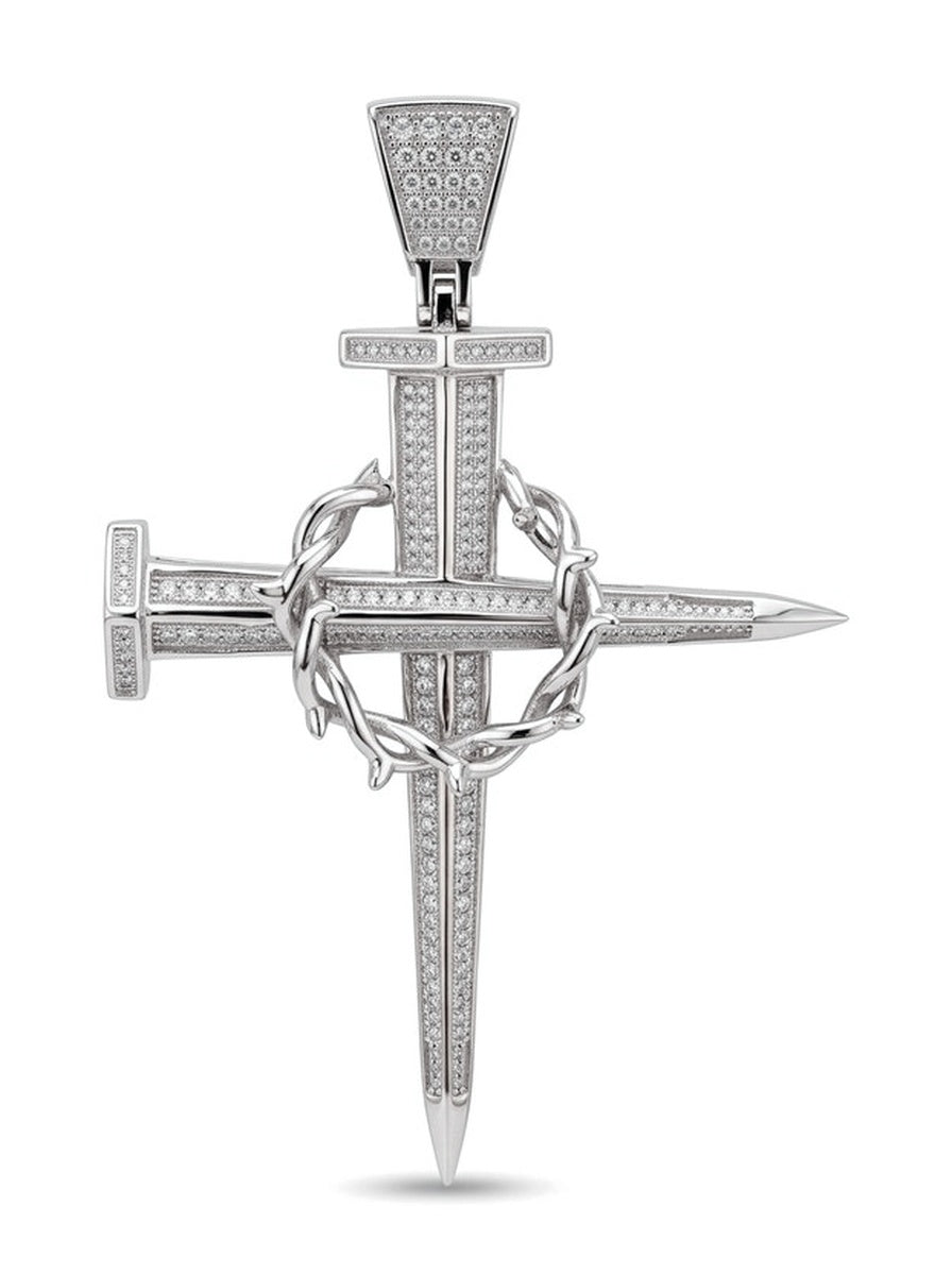 Dije de oro blanco 10k de cruz de clavos con corona de espinas y circonias Mod 6118 - 9 cm