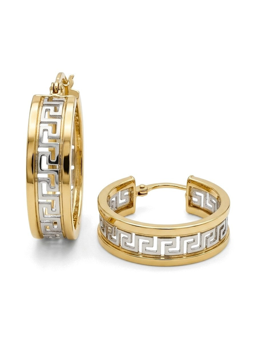 Arracadas de oro 14k con greca calada en dos tonos Mod 6126 - 2.5 cm