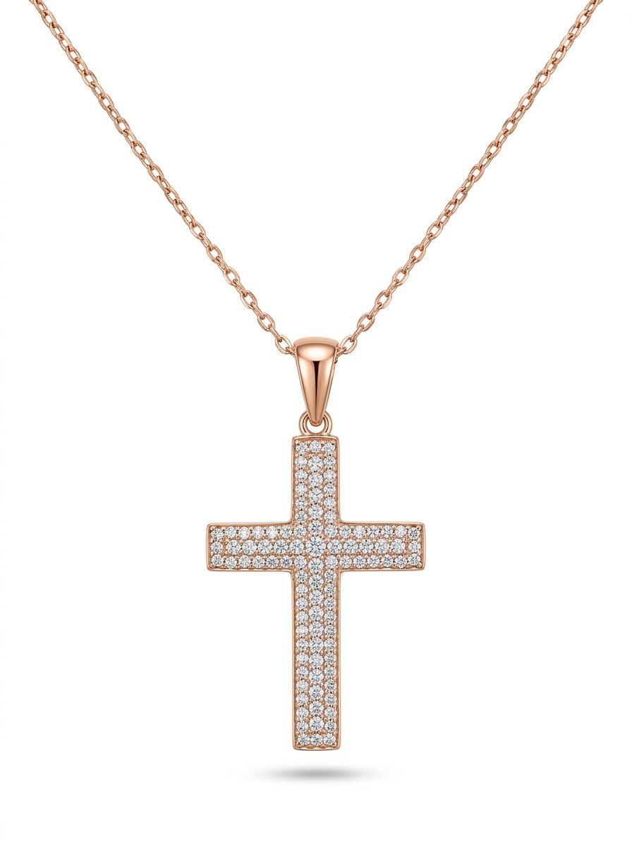 Gargantilla de oro rosa 14k con cruz de pavé de diamantes naturales Mod 6227 - 45 cm