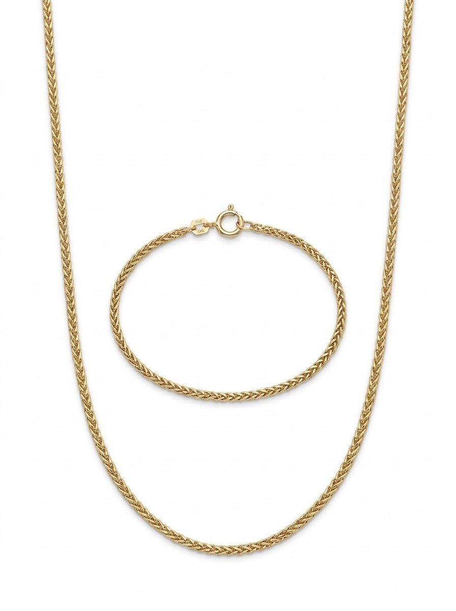 Set de oro 14k de cadena y pulsera tejido espiga Mod 6261 - 50 cm y 18 cm x 2 mm
