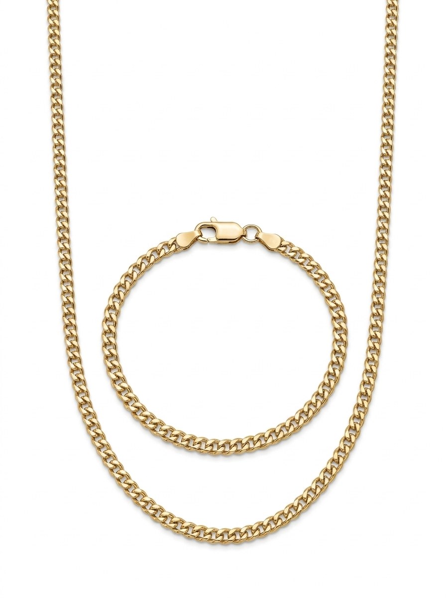 Set de oro 14k de cadena y pulsera tejido barbado Mod 6262 - 45 cm y 18 cm x 3 mm