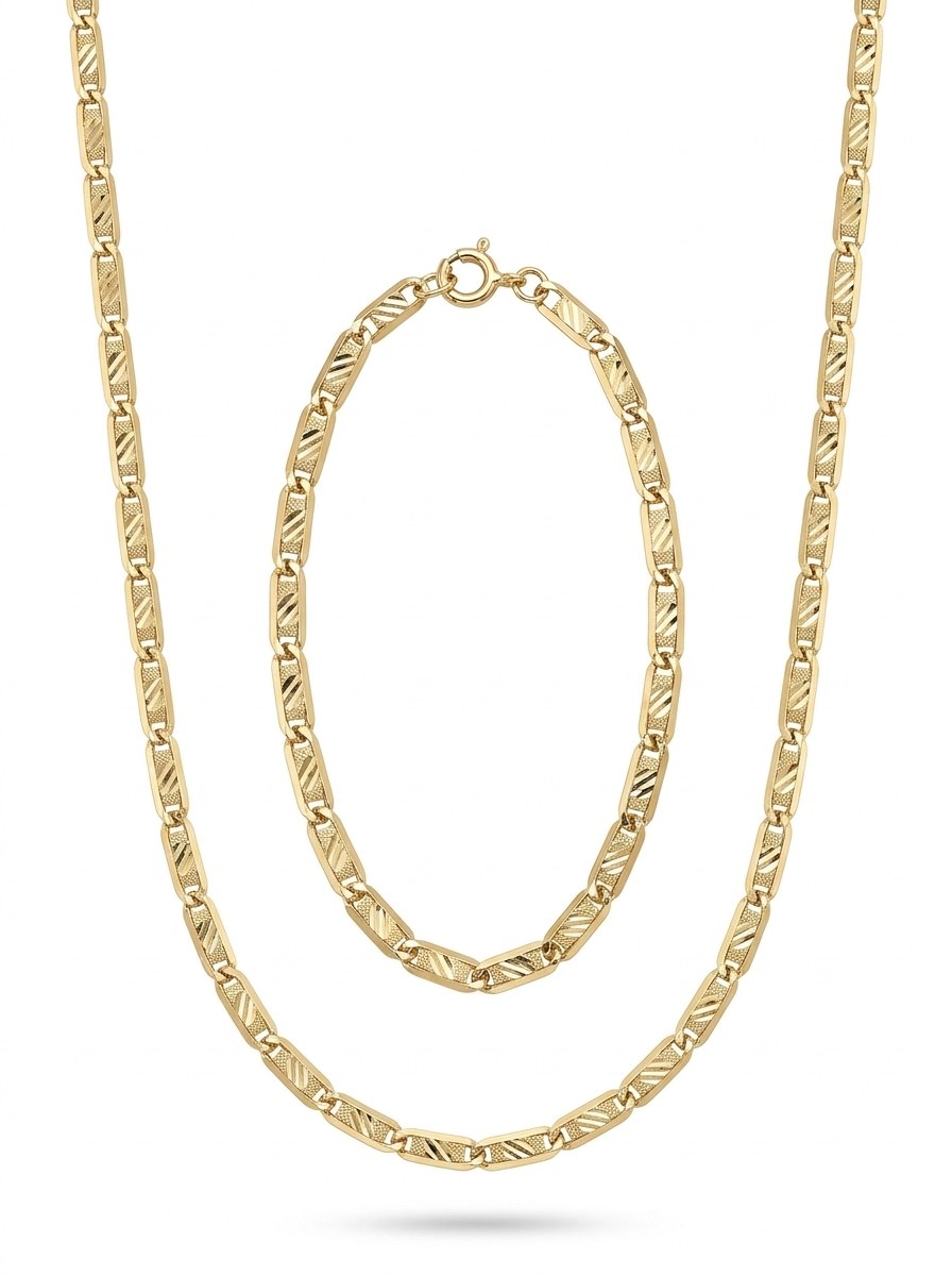 Set de oro 14k de cadena y pulsera tejido plano diamantado Mod 6263 - 55 cm y 18 cm x 2.5 mm