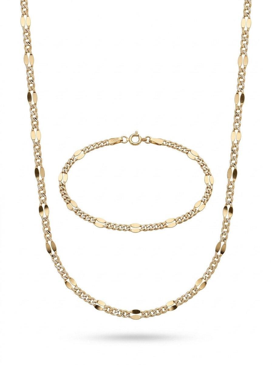 Set de oro 14k de cadena y pulsera tejido barbado diamantado con placas Mod 6267 - 50 cm y 18 cm x 2 mm