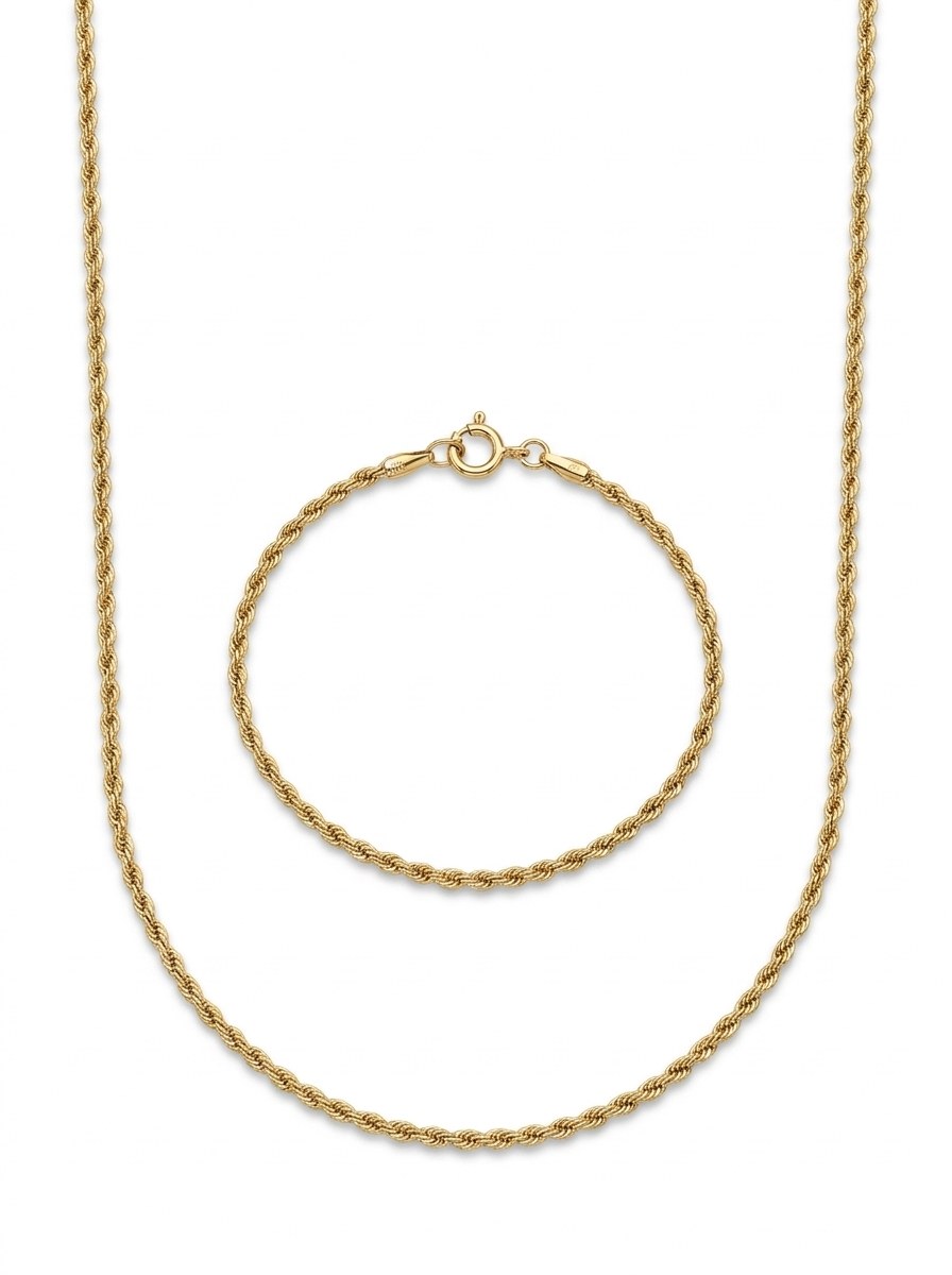 Set de oro 14k de cadena y pulsera tejido torzal Mod 6268 - 60 cm y 18 cm x 2 mm