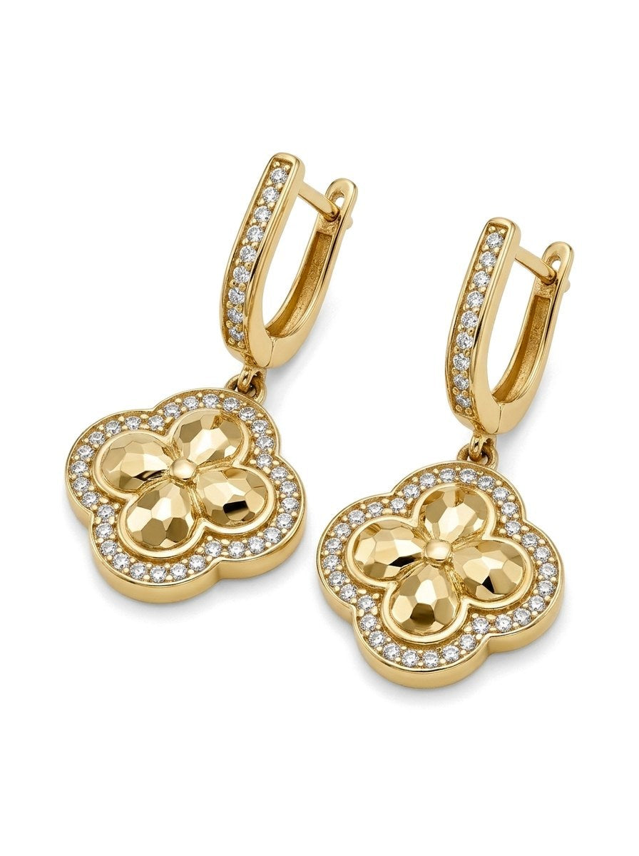 Aretes de oro 14k tipo diseñador de trébol con circonias Mod 6353 - 3 cm