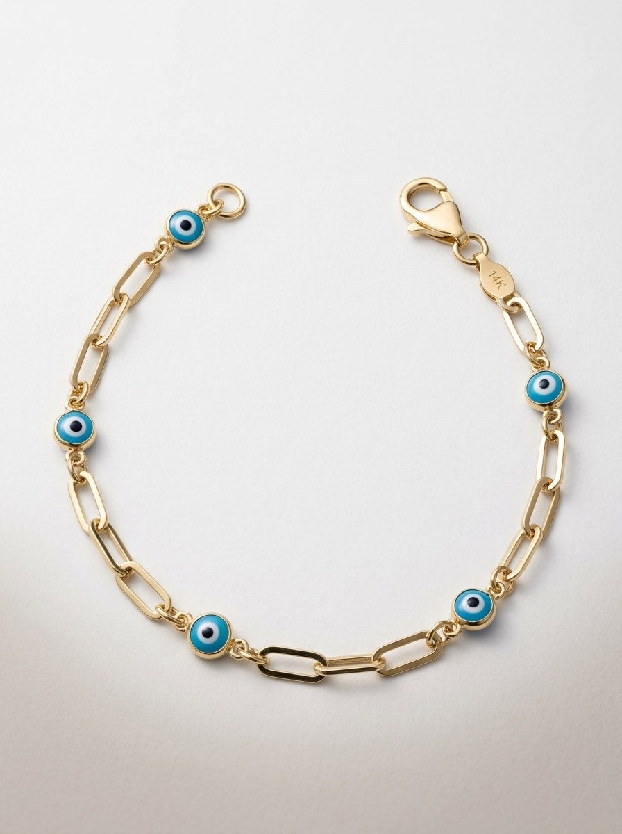 Pulsera de oro 14k paper clip con ojos turcos azules Mod 6365 - 18 cm