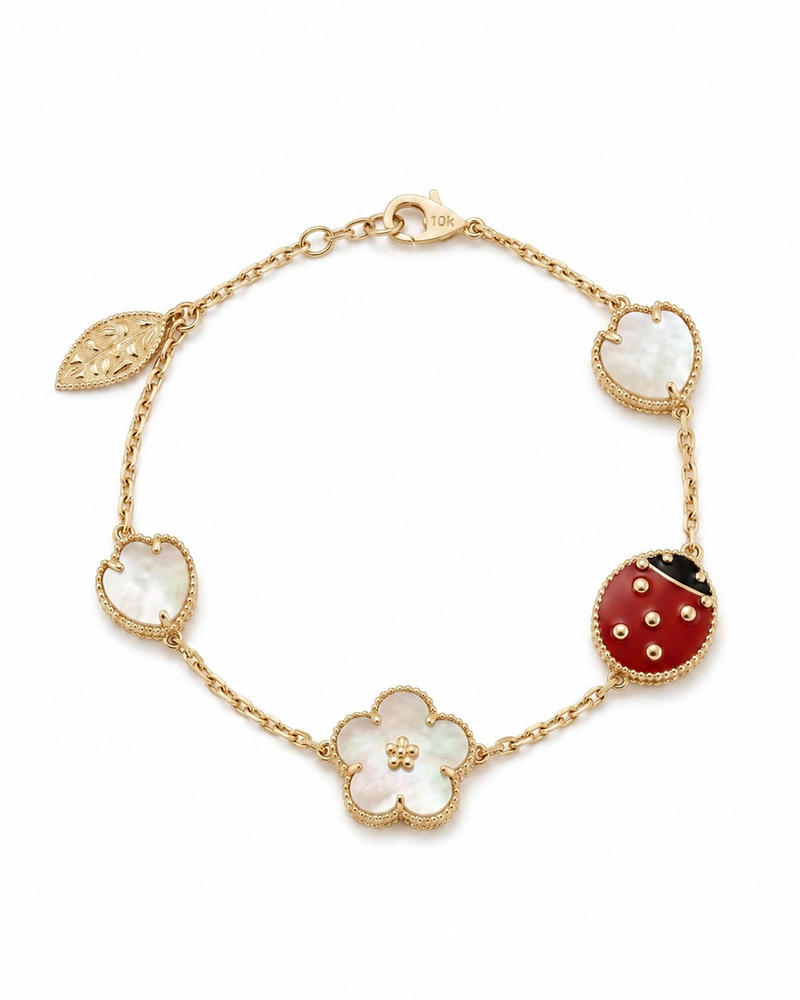 Pulsera de oro 10k tipo diseñador de catarina y flores madre perla Mod 5699 - 18 cm