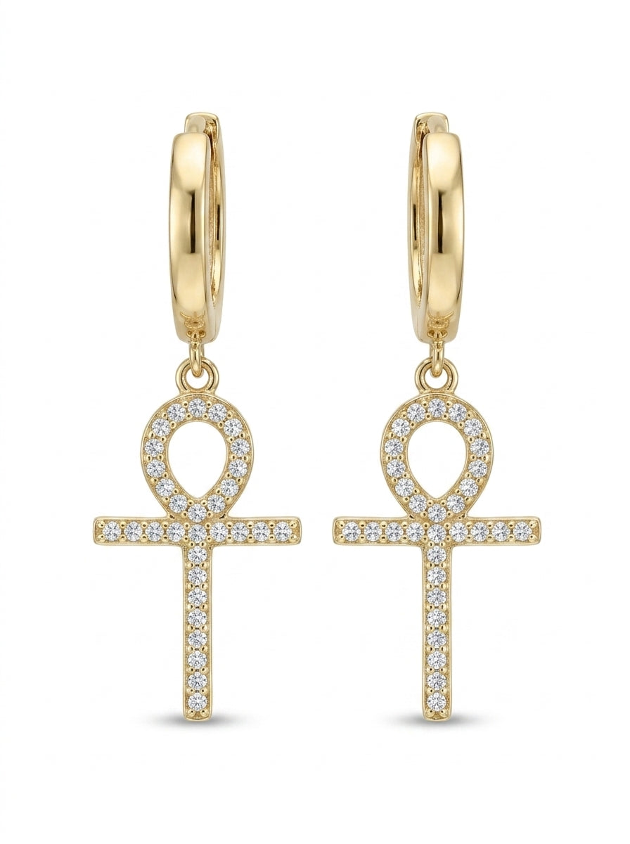 Huggies de oro 14k diseño de Cruz egipcia 5611