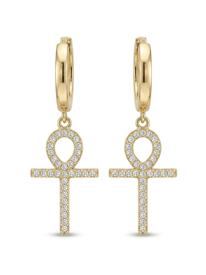Huggies de oro 14k diseño de Cruz egipcia 5611