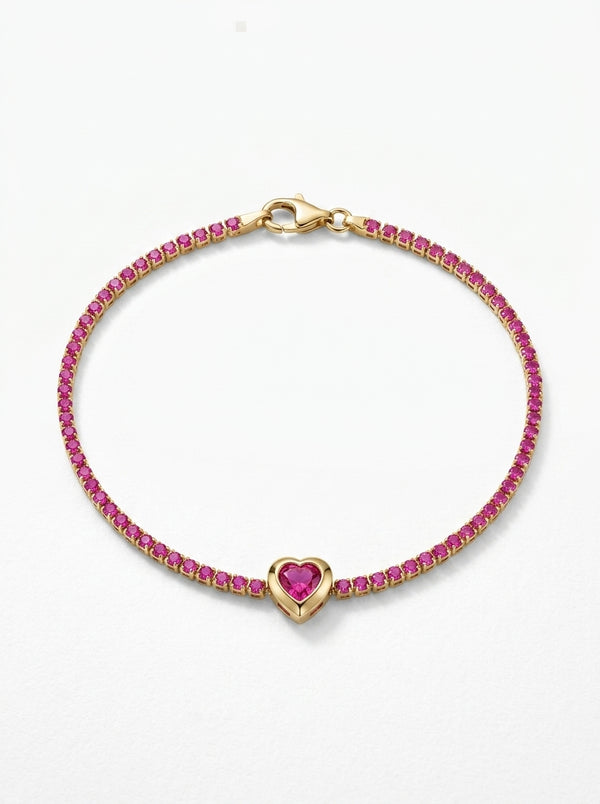 Pulsera de oro 14k tipo tenis con corazón fucsia Mod. LM5015 - 18 cm x 1 mm