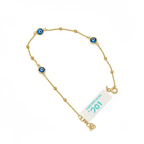 Pulsera de oro 10k con ojitos turcos azules y bolitas Mod. BEM570 -18 cm