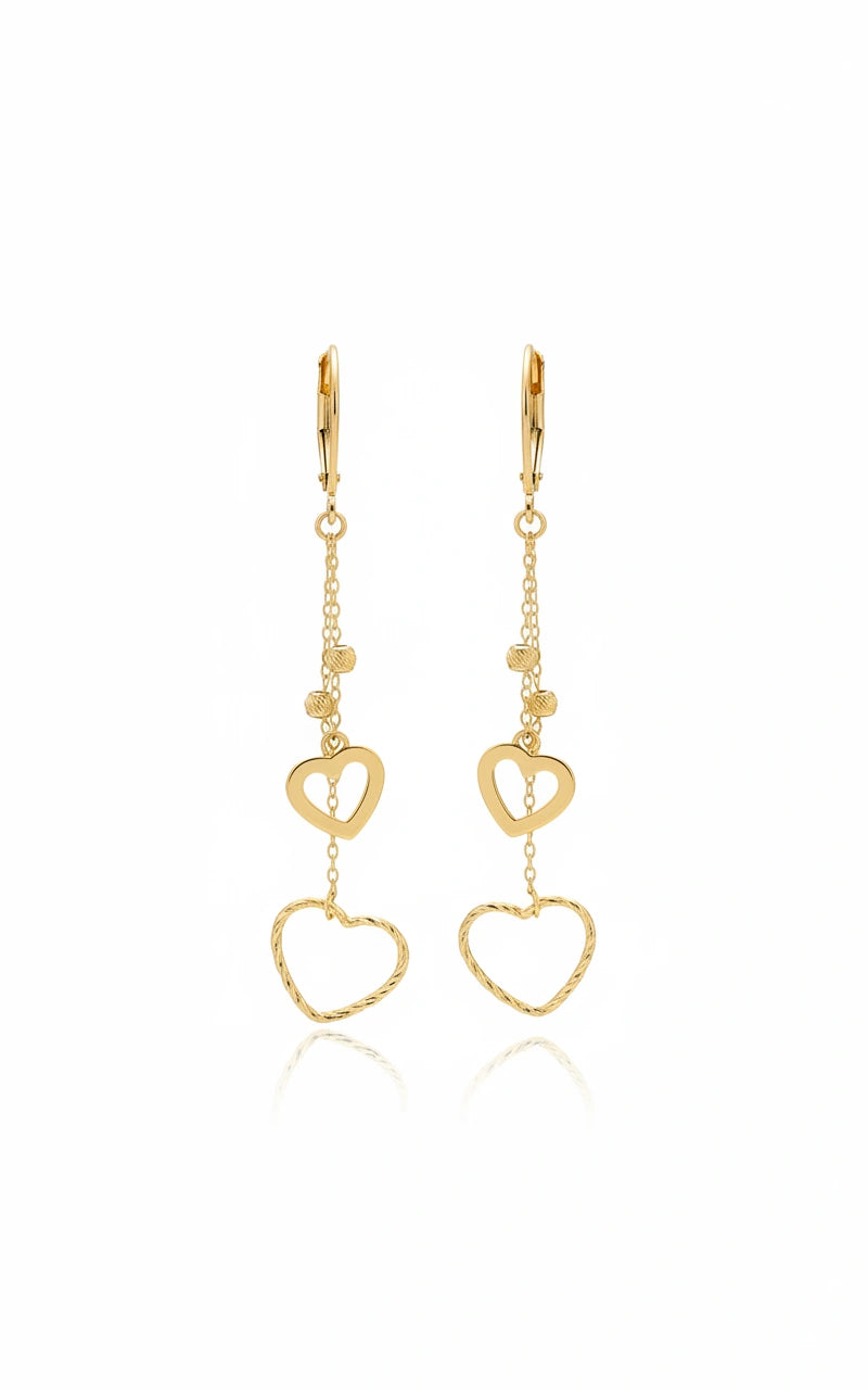 Aretes doble corazón de oro 14k