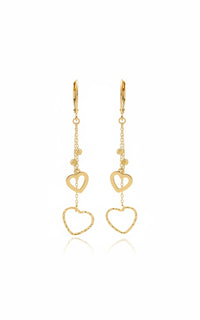 Aretes doble corazón de oro 14k