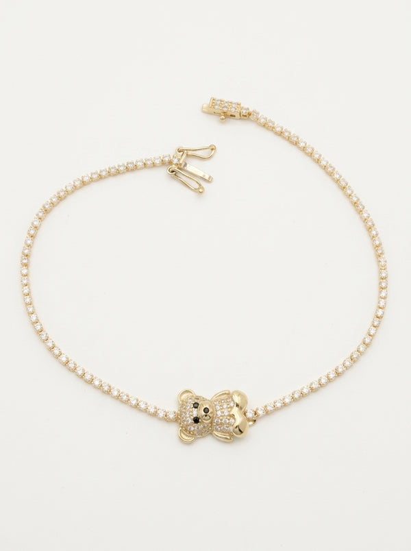 Pulsera de oro 10k diseño tipo tennis con osito 5921 - 18 cm