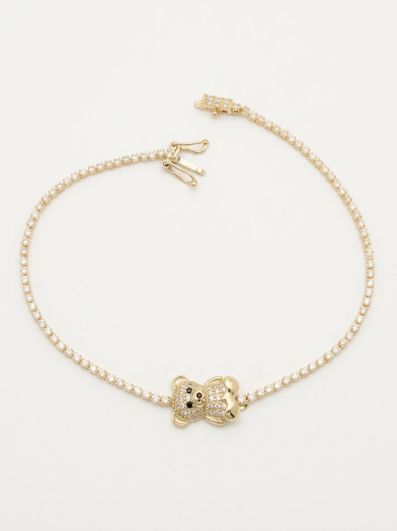 Pulsera de oro 10k diseño tipo tennis con osito 5921 - 18 cm