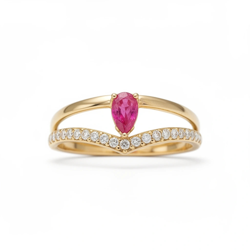 Anillo oro 10k con piedra rojo corte pera y circonias