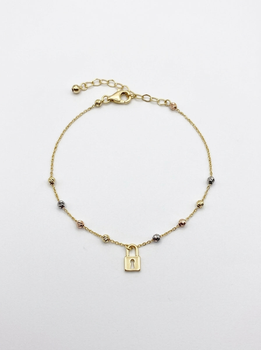 Pulsera de oro 14k diseño silueta de candado con bolitas 5928 - 18 cm