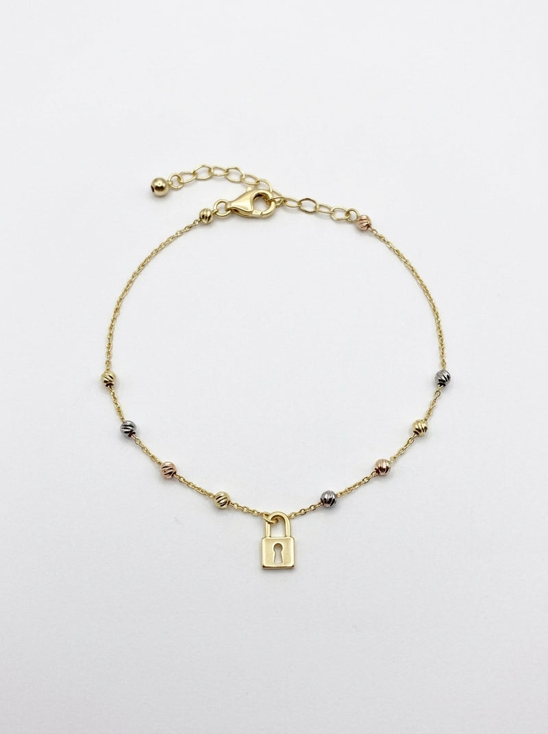 Pulsera de oro 14k diseño silueta de candado con bolitas 5928 - 18 cm
