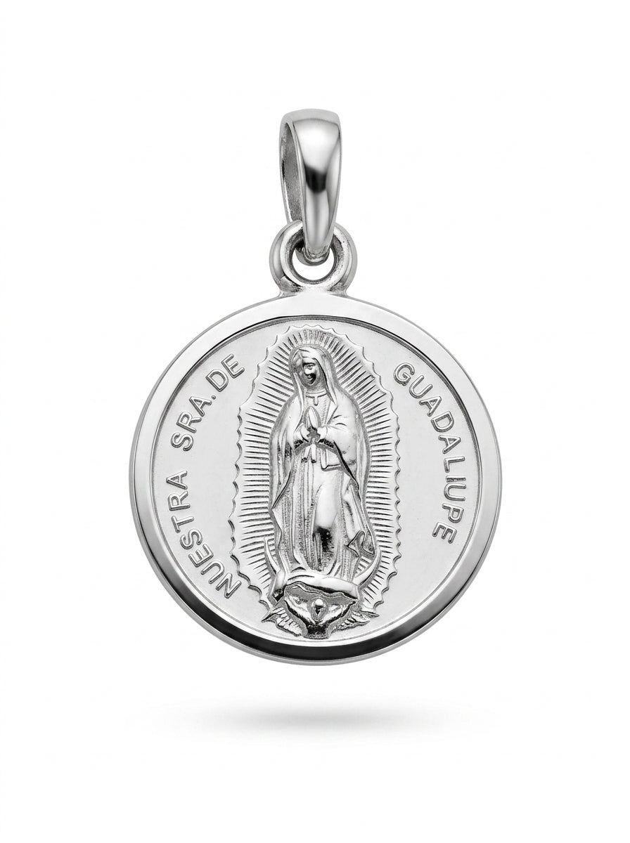 Medalla pequeña de oro blanco 14k diseño de la virgen de Guadalupe redonda Mod 5439 - 1.5 cm
