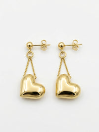 Aretes largos de oro 14k diseño de corazón inflado colgantes Mod LM5245 - 3.5 cm