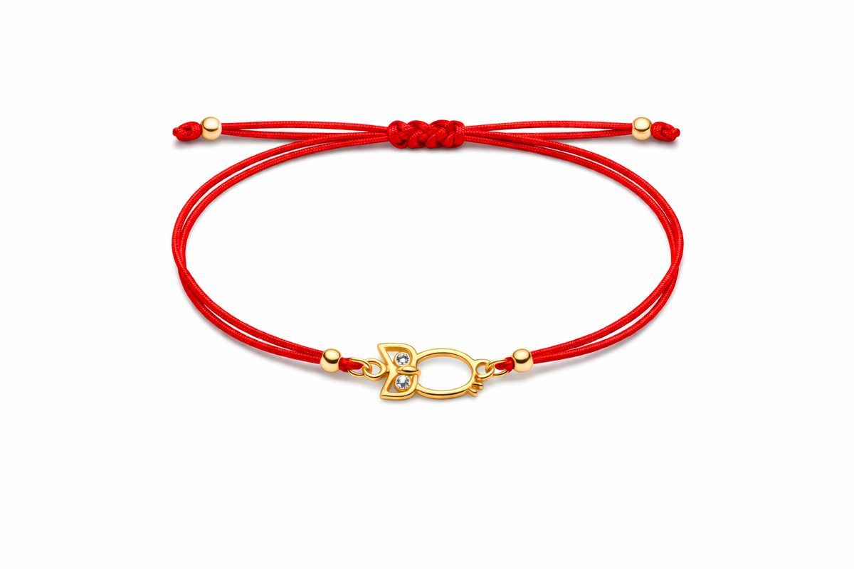 Pulsera de oro 14k con silueta de búho e hilo rojo 18 cm
