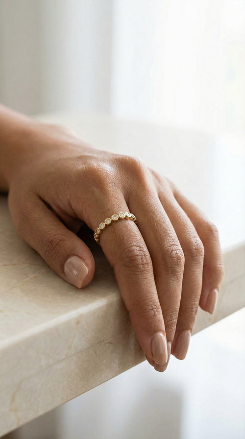 Anillo media churumbela de oro 14k con de bolitas de circonias