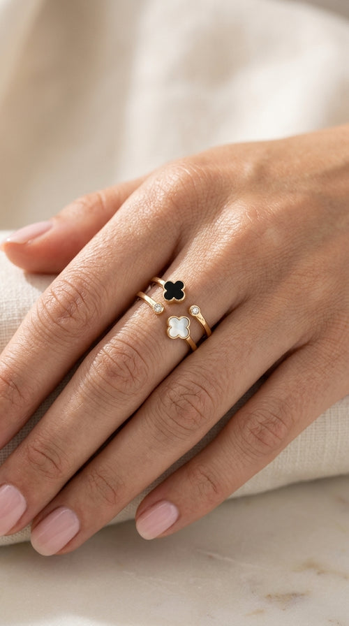Anillo de oro 14k diseño de tréboles con piedras naturales y circonias Mod. LM5098