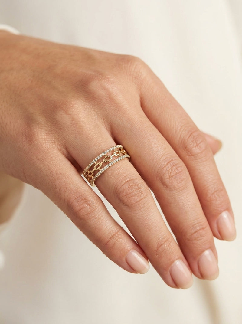 Anillo de oro 14k diseño historia entrelazada con circonias mod 5813