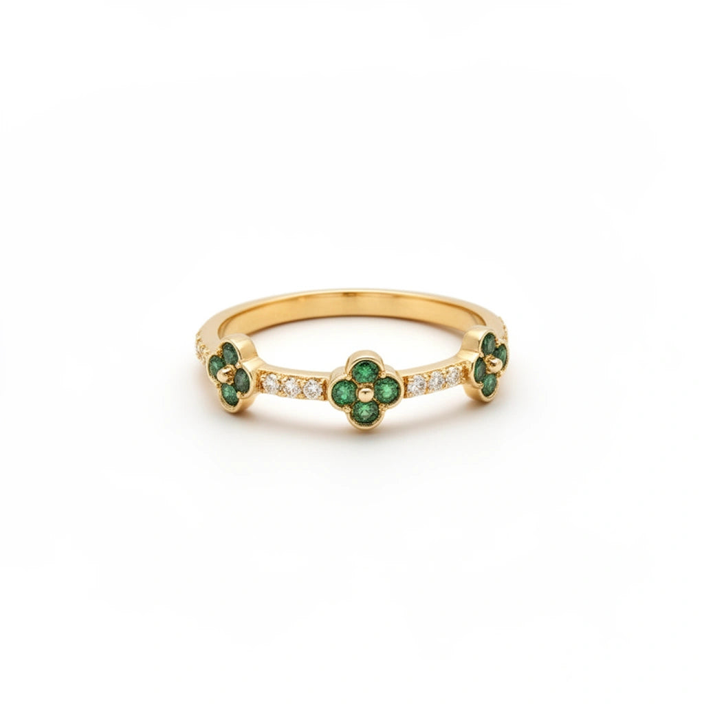 Anillo 10k de tréboles con circonias verdes