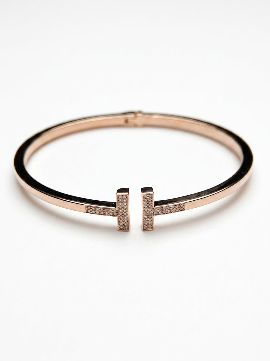 Brazalete de oro rosa 14k tipo diseñador hueco con circonias mod 5753 - 18 cm