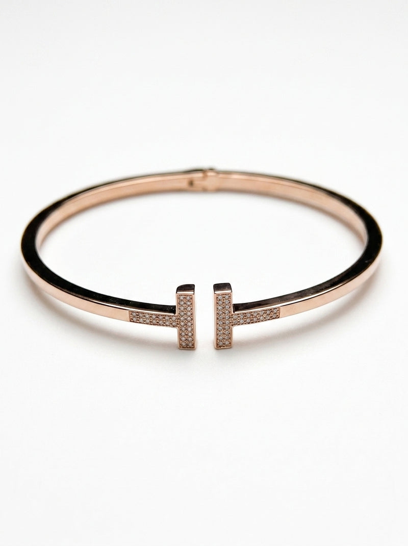 Brazalete de oro rosa 14k tipo diseñador hueco con circonias mod 5753 - 18 cm