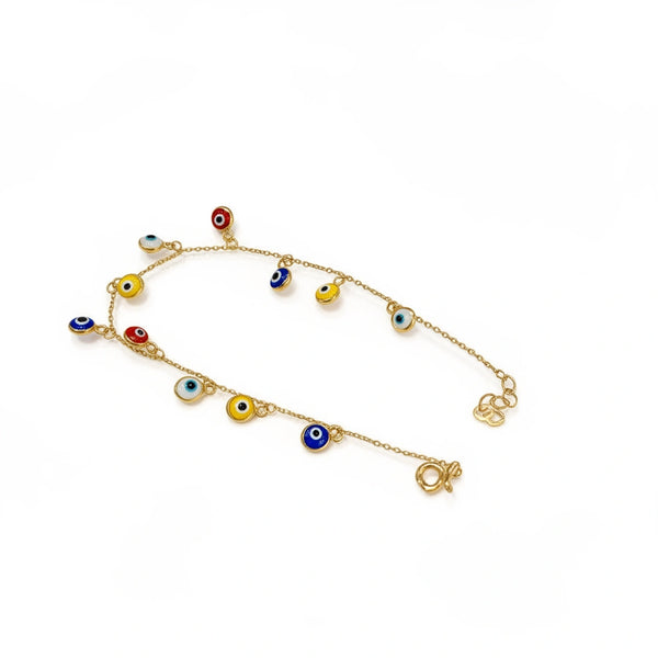 Pulsera de oro 14k de ojos turcos de colores en diseño colgante - 18 cm