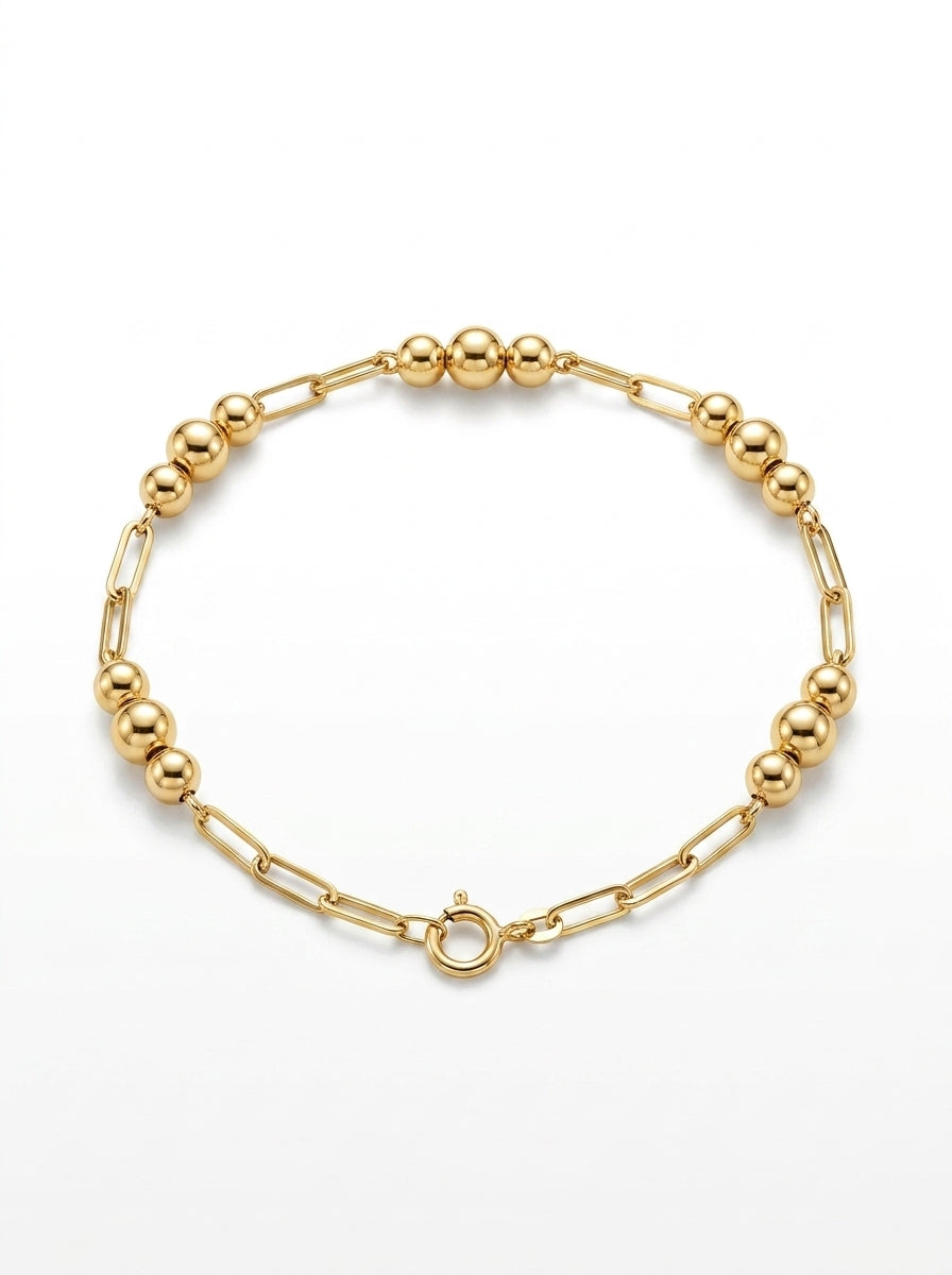 Pulsera de oro 14k diseño paperclip con bolitas huecas Mod 5534 - 18 cm