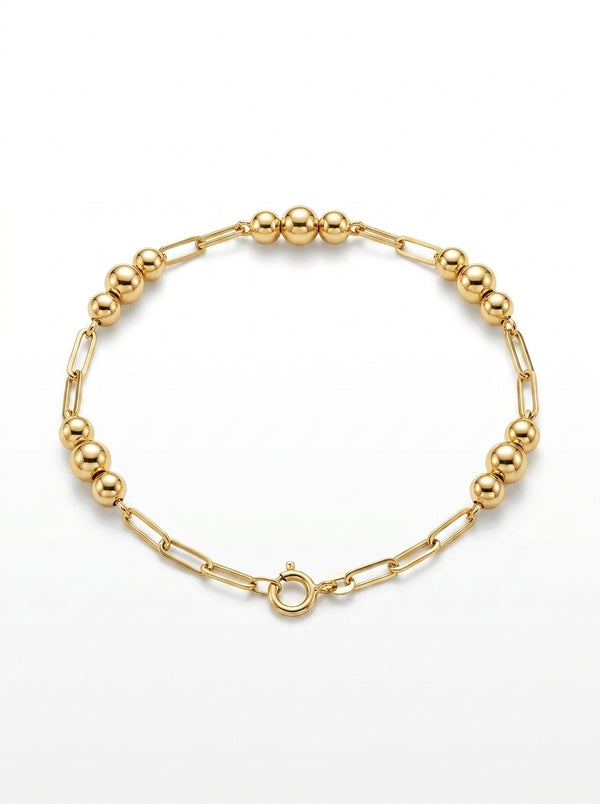 Pulsera de oro 14k diseño paperclip con bolitas huecas Mod 5534 - 18 cm