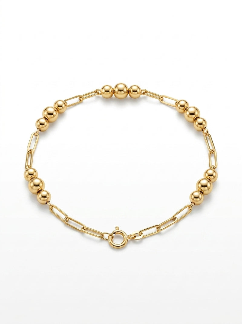 Pulsera de oro 14k diseño paperclip con bolitas huecas Mod 5534 - 18 cm