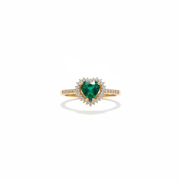 Anillo de oro 14k con circonia verde en forma de corazón e incrustación blancas