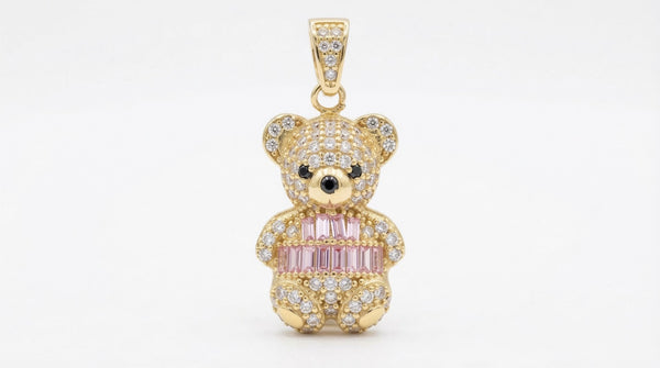 Dije de oro 10k de oso con circonias cortes baguette rosa - 2.3 cm