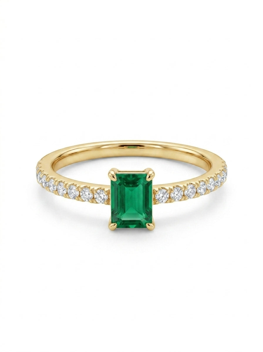 Anillo solitario de oro 14k con esmeralda y diamantes de naturales  Mod 5486
