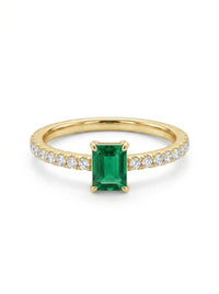 Anillo solitario de oro 14k con esmeralda y diamantes de naturales  Mod 5486