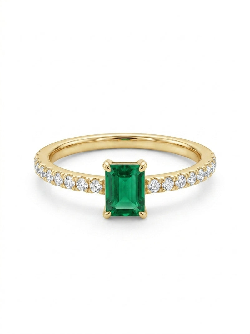 Anillo solitario de oro 14k con esmeralda y diamantes de naturales  Mod 5486