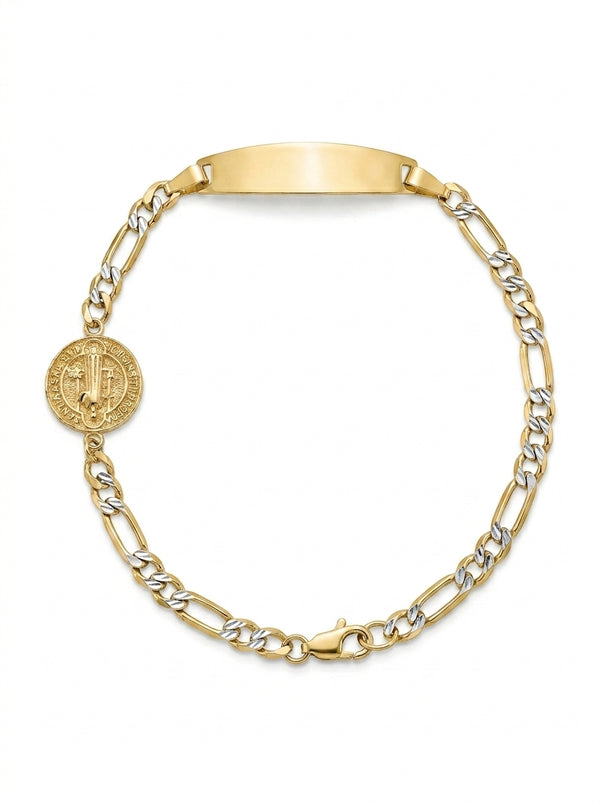 Esclava de oro 14k 3x1 acabado diamantado sólida con medalla de san Benito Mod Lm 5219 - 18 cm x 3 mm