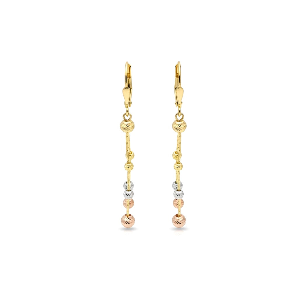 Aretes largos de bolitas tricolor de oro 14k