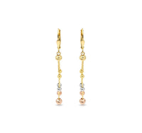 Aretes largos de bolitas tricolor de oro 14k
