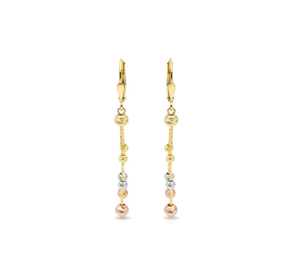 Aretes largos de bolitas tricolor de oro 14k