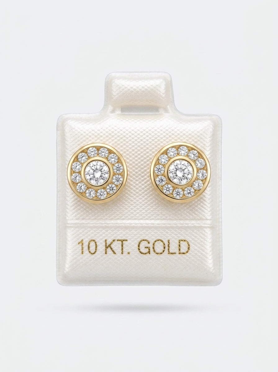 Broquel de oro 10k delgado diseño bisel con círculo de circonia tipo diseñador (de bolitas) Mod 5668