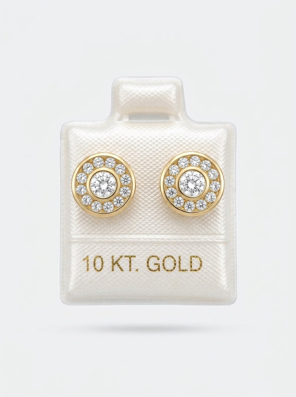 Broquel de oro 10k delgado diseño bisel con círculo de circonia tipo diseñador (de bolitas) Mod 5668